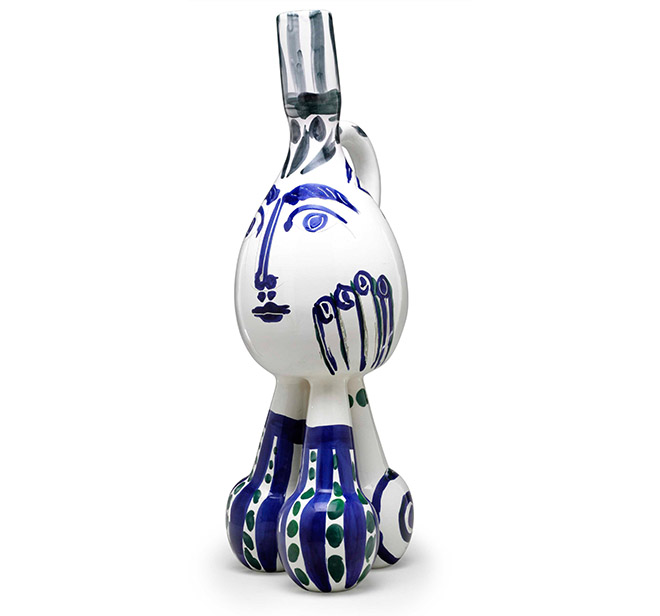Glazed white earthenware vase painted in colors with white enamel, 1951, numbered 18/75, inscribed 'EDITION PICASSO', with the 'MADOURA PLEIN FEU' and 'EDITION PICASSO' pottery stamps on each foot, in very good condition Height: 29¾ in. (756 mm.)