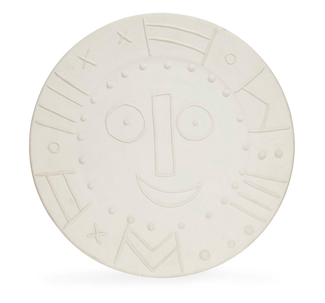 White earthenware dish, 1956, numbered 26/100, incised 'C. 104', with the 'EMPREINTE ORIGINALE DE PICASSO' and 'MADOURA PLEIN FEU' pottery stamps on the underside, generally in very good condition Diameter: 16 5/8 in. (422 mm.)