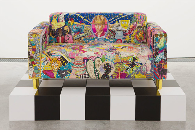 Rob Pruitt studio loveseat (pharrell), 2014 markers and pens on canvas couch, chromed feet / 27 x 58 x 30 inches photo by claire dorn / courtesy of the artist